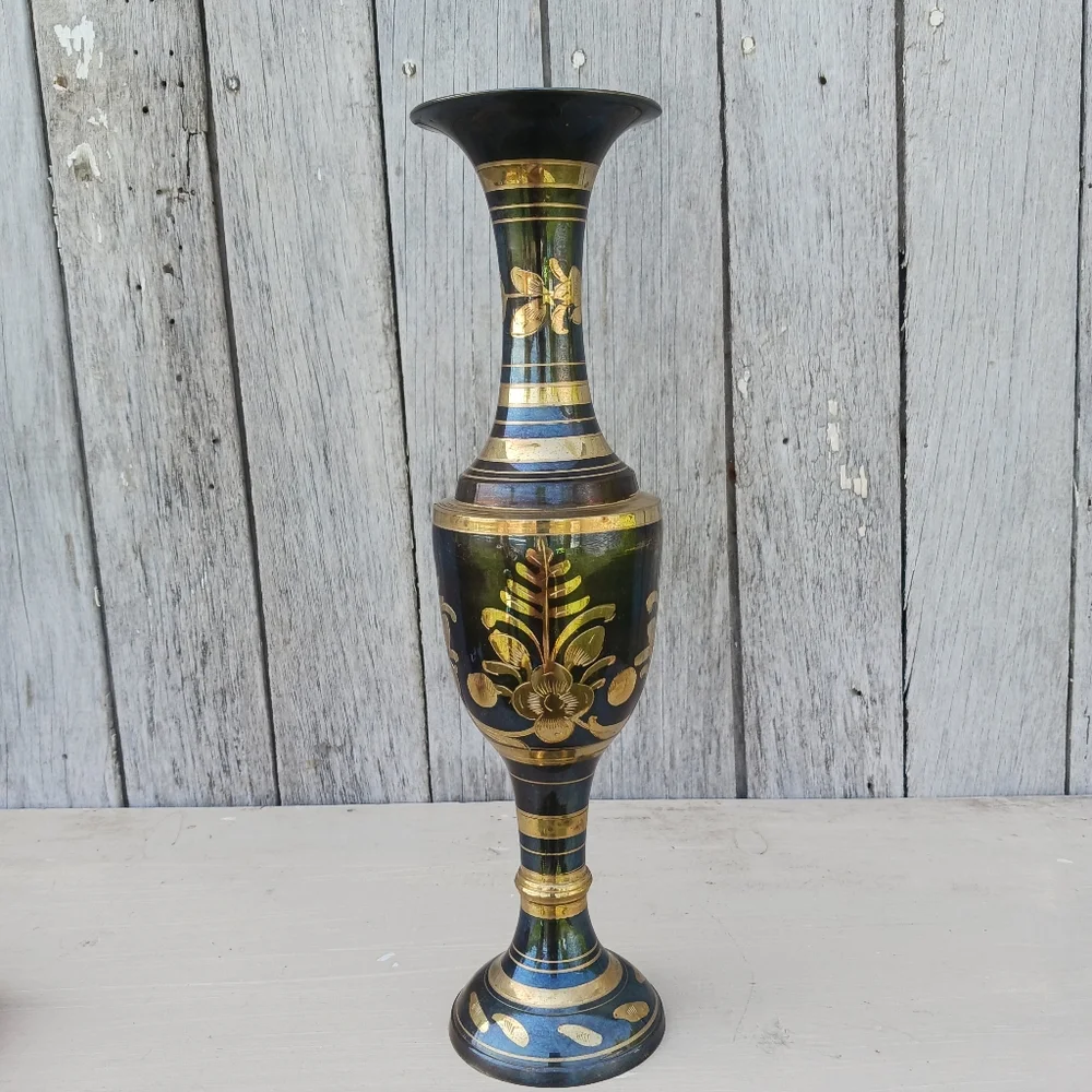 Etched Brass Vace‎ Vintage Hand Made Floral Engraved Boho Gold Made In India